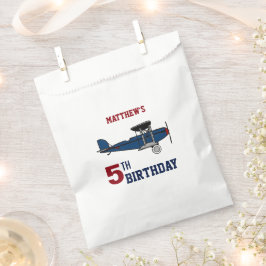 レトロブルーのビンテージ飛行機 誕生日パーティー フェイバーバッグ