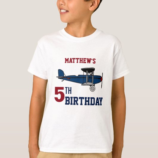 レトロブルーのビンテージ飛行機 誕生日パーティー Tシャツ (正面)