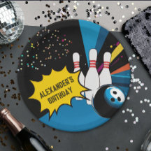レトロブルーのボウリングピン 誕生日パーティー ブラック