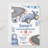 レトロブルーのレーシングバースデーファーストラップ 招待状 (正面)