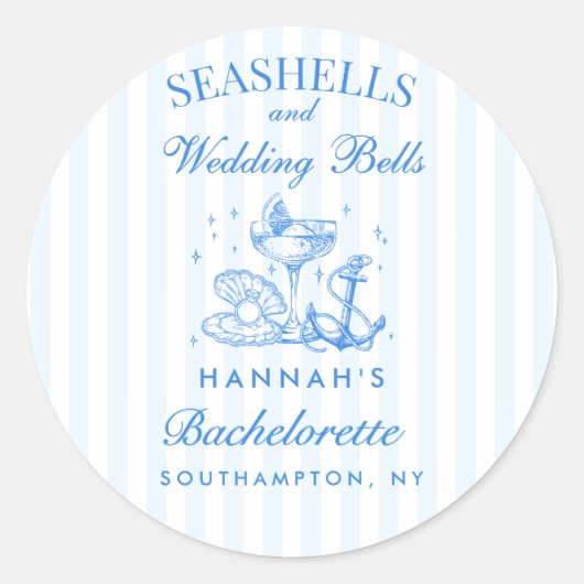 レトロブルーの貝殻とウェディングベルのバチェロレッテパーティー ラウンドシール (正面)