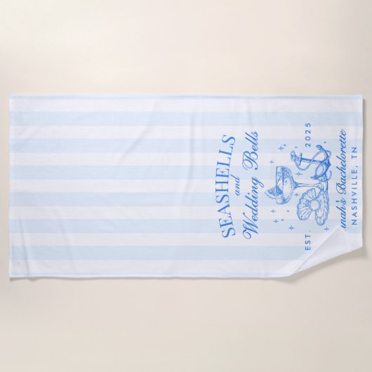 レトロブルーの貝殻とウェディングベルの独身最後の夜  ビーチタオル (正面)