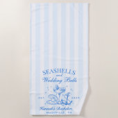 レトロブルーの貝殻とウェディングベルの独身最後の夜  ビーチタオル (正面)