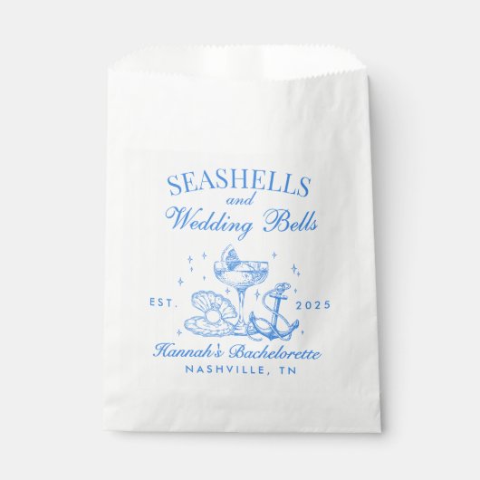 レトロブルーの貝殻とウェディングベルの独身最後の夜 フェイバーバッグ (正面)