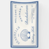 レトロブルーの貝殻とウェディングベルの独身最後の夜 横断幕 (縦)