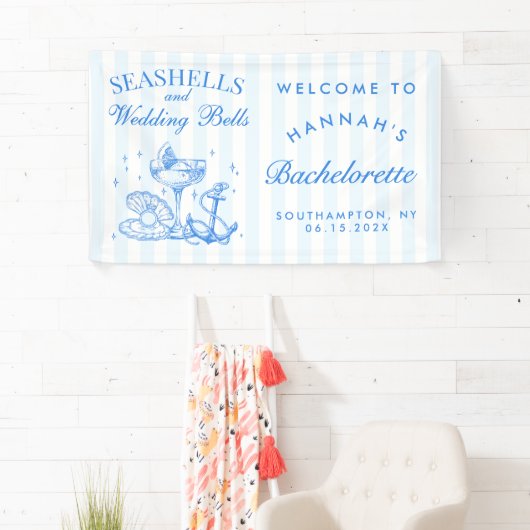 レトロブルーの貝殻とウェディングベルの独身最後の夜  横断幕 (インサイチュ)