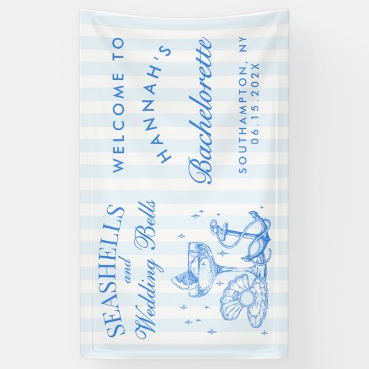 レトロブルーの貝殻とウェディングベルの独身最後の夜  横断幕 (縦)