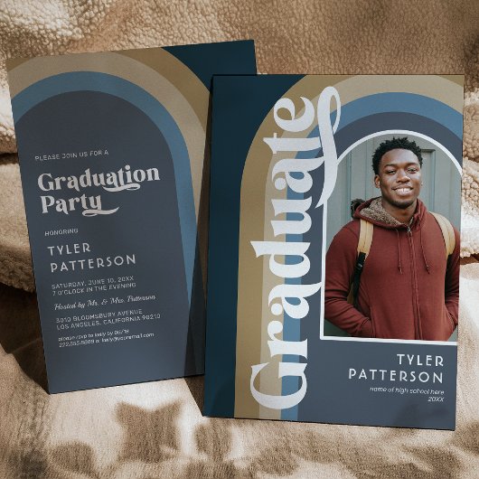 レトロブルーアーチフォト2025卒業パーティー 招待状