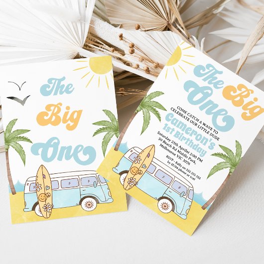 レトロブルーイエローサーフビッグワン誕生日 招待状