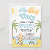 レトロブルーイエローサーフビッグワン誕生日 招待状 (正面)