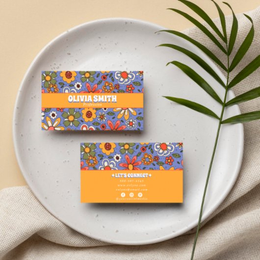 レトロブルーイエローボホーグルーヴィーフローラ70sトレンディー 名刺