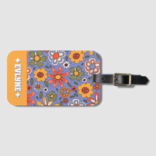 レトロブルーイエローレッドボーホシックグルーヴィーフローラ ラゲッジタグ (正面横)