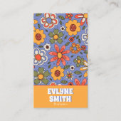 レトロブルーイエローQRコードGroovyフローラトレンディー 名刺 (正面)