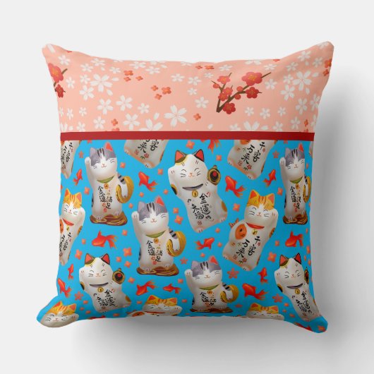 レトロブルーインスパイア日本のの縁起猫 クッション (正面)