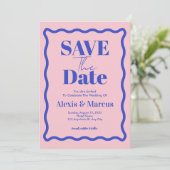 レトロブルーウェーブスクイグル写真ウェディング セーブザデート (スタンド正面)