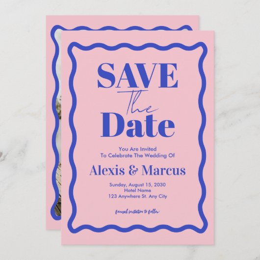 レトロブルーウェーブスクイグル写真結婚式 セーブザデート (正面/裏面)