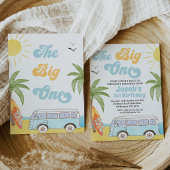 レトロブルーオレンジサーファーザビッグワンバースデー 招待状