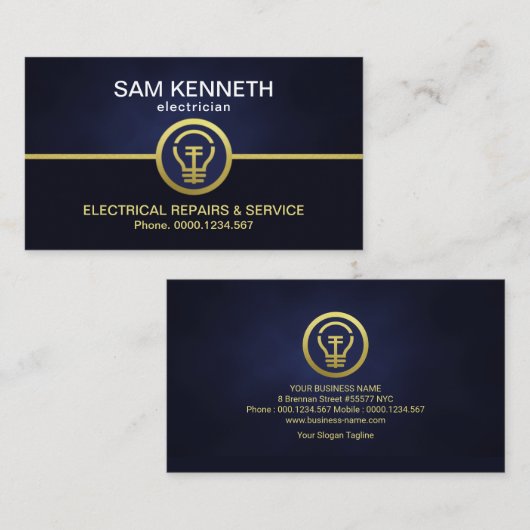 レトロブルーカラムフェイク金ゴールド電球電気技師 名刺 (正面/裏面)