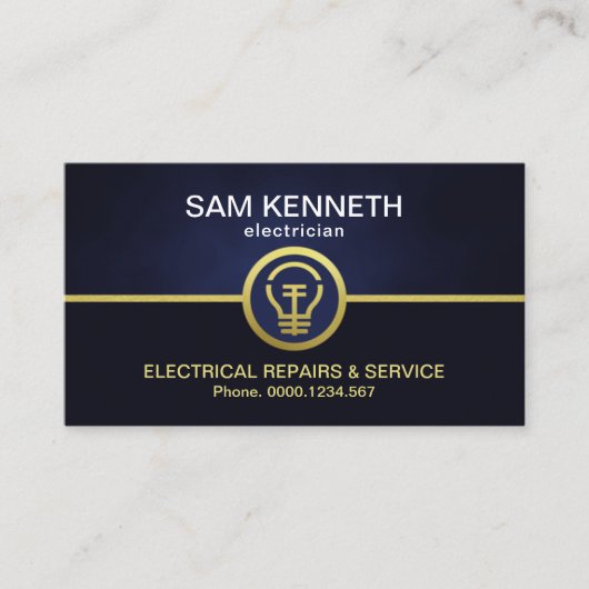 レトロブルーカラムフェイク金ゴールド電球電気技師 名刺 (正面)