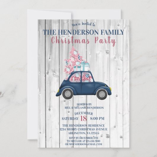 レトロブルーカーピンクのクリスマスツリークリスマスパーティー 招待状 (正面)