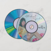 レトロブルーガールズミュージックCD 誕生日 招待状 (正面/裏面)