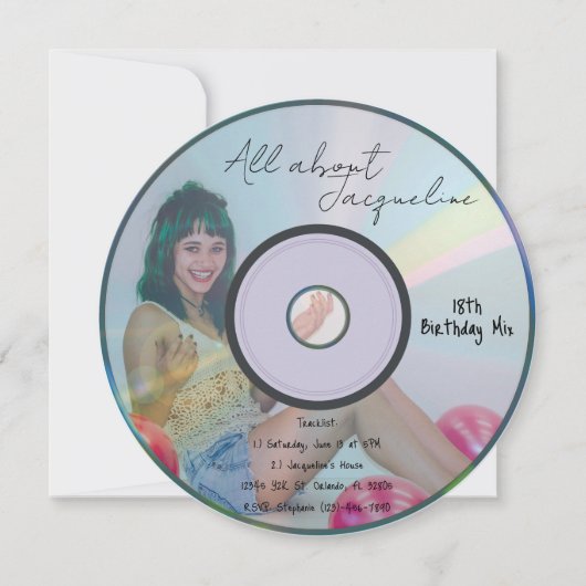 レトロブルーガールズミュージックCD 誕生日 招待状 (正面)