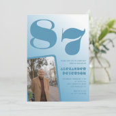 レトロブルーグラディエント写真男性87歳の誕生日 招待状 (スタンド正面)