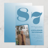 レトロブルーグラディエント写真男性87歳の誕生日 招待状 (正面/裏面)