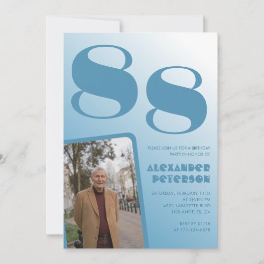 レトロブルーグラディエント写真男性88歳の誕生日 招待状 (正面)