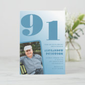 レトロブルーグラディエント写真男性91歳の誕生日 招待状 (スタンド正面)