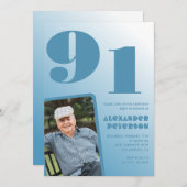 レトロブルーグラディエント写真男性91歳の誕生日 招待状 (正面/裏面)