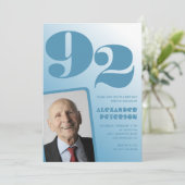 レトロブルーグラディエント写真男性92歳の誕生日 招待状 (スタンド正面)