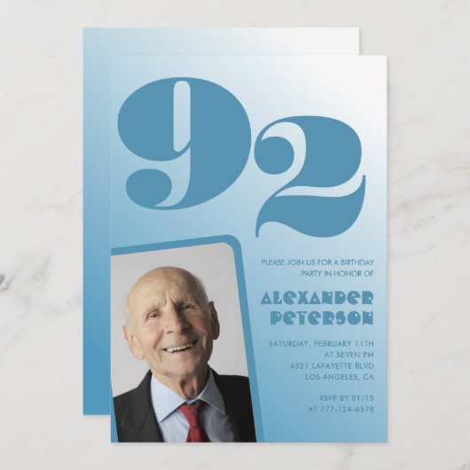 レトロブルーグラディエント写真男性92歳の誕生日 招待状 (正面/裏面)