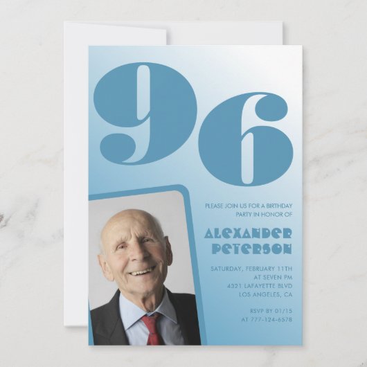 レトロブルーグラディエント写真男性96歳の誕生日 招待状 (正面)