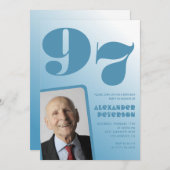 レトロブルーグラディエント写真男性97歳の誕生日 招待状 (正面/裏面)