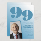 レトロブルーグラディエント写真男性99歳の誕生日 招待状 (正面/裏面)