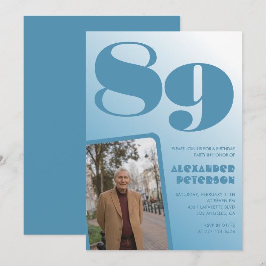 レトロブルーグラデーション写真89歳 招待状 (正面/裏面)