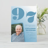 レトロブルーグラデーション写真97歳の誕生日 招待状 (スタンド正面)