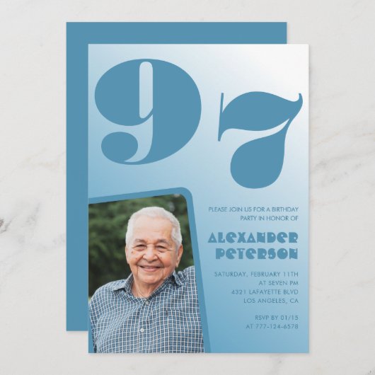 レトロブルーグラデーション写真97歳の誕生日 招待状 (正面/裏面)