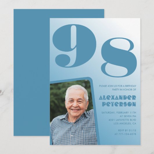 レトロブルーグラデーション写真98歳の誕生日 招待状 (正面/裏面)