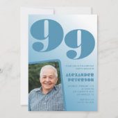 レトロブルーグラデーション写真99歳の誕生日 招待状 (正面)