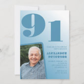 レトロブルーグラデーション写真 91歳の誕生日 招待状 (正面)