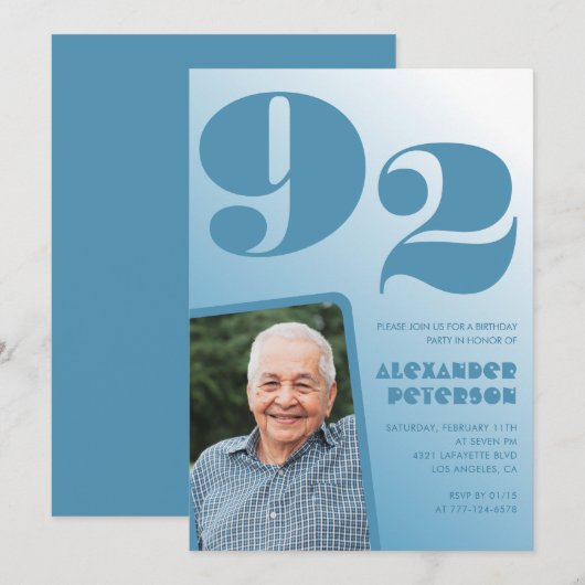 レトロブルーグラデーション写真 92歳の誕生日 招待状 (正面/裏面)