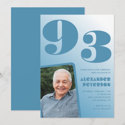レトロブルーグラデーション写真 93歳の誕生日 招待状 (正面/裏面)