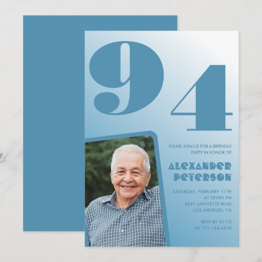 レトロブルーグラデーション写真 94歳の誕生日 招待状 (正面/裏面)