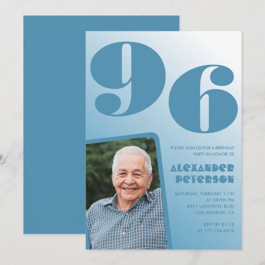 レトロブルーグラデーション写真 96歳の誕生日 招待状 (正面/裏面)