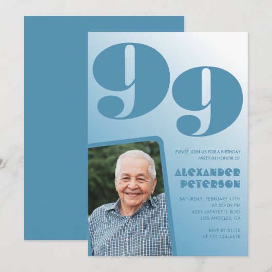 レトロブルーグラデーション写真 99歳の誕生日 招待状 (正面/裏面)