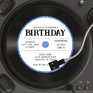 レトロブルーグリッター ビニールレコード 誕生日パーティー 招待状