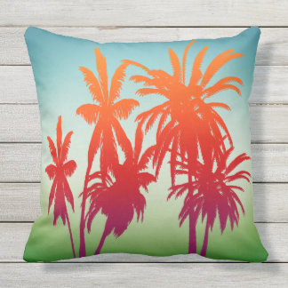 レトロブルーグリーンオレンジサンセットパームツリーズ アウトドアクッション