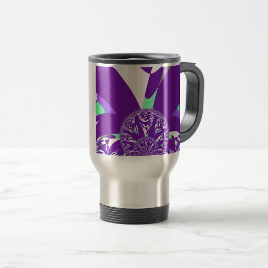 レトロブルーシアン万華鏡のように千変万化するパターンアートプリント トラベルマグ (正面右)